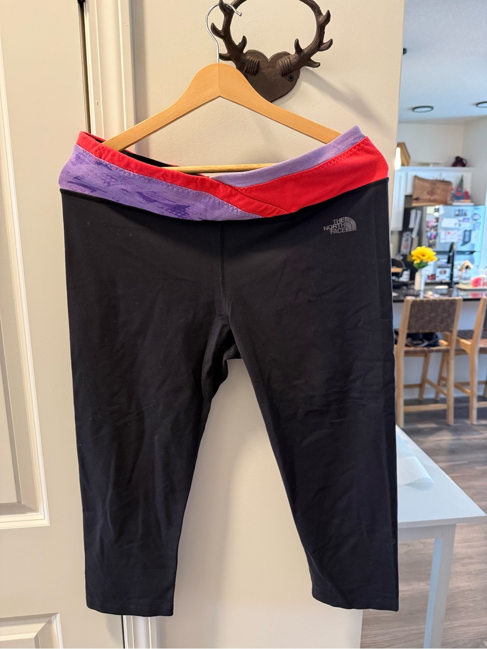 The North Face Women’s Black Capri Leggings with Pink and Purple Waistband